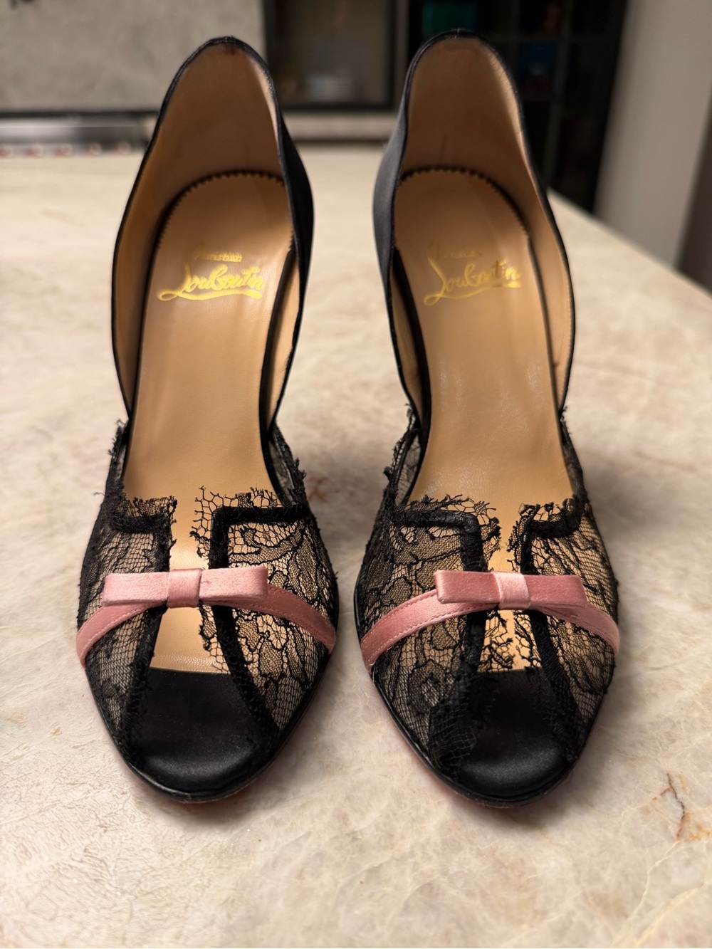 Gently worn Christian Louboutin Black Lace Pointed Toe Pumps with Pink Bow - Picture 2 of 10